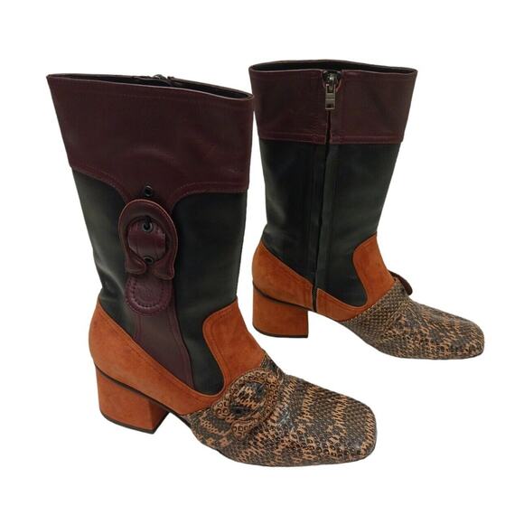 COACH Boots 7.5 Leather Patchwork Snakeskin Colorblock Buckle DUSTBAG Glam $795 - Picture 1 of 16